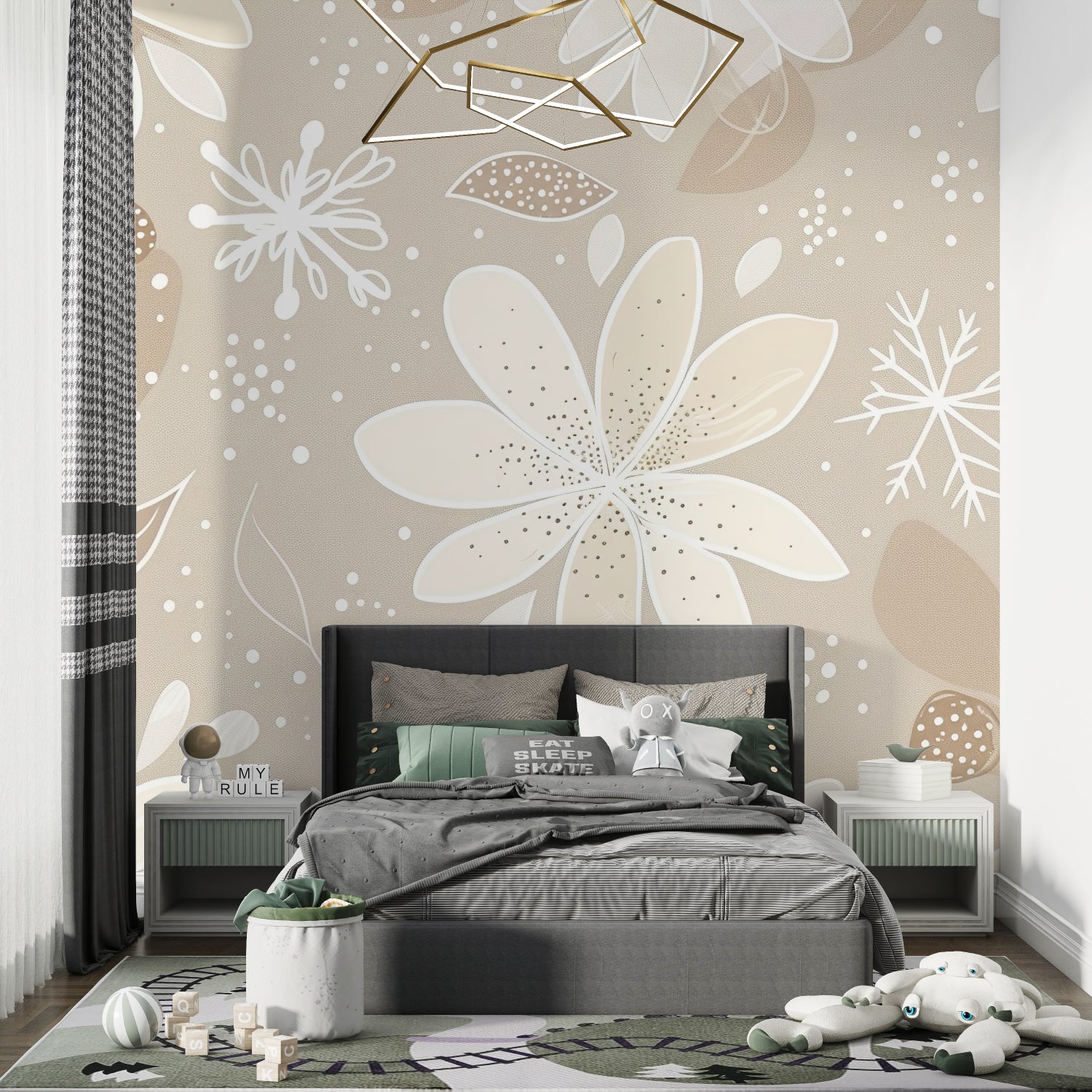 Master bedroom with soft beige floral wallpaper creating peaceful atmosphere