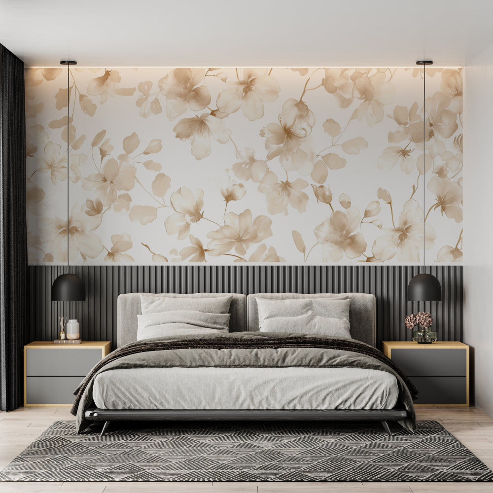 Beige floral wallpaper creating a serene atmosphere in a modern living room