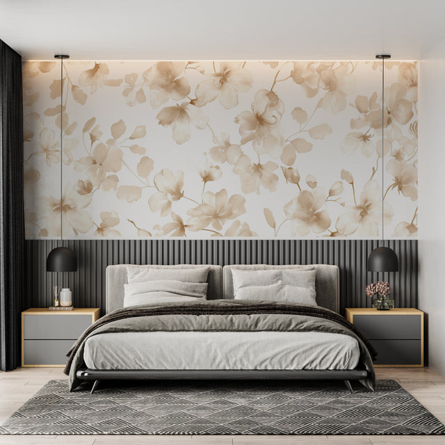 Beige floral wallpaper creating a serene atmosphere in a modern living room