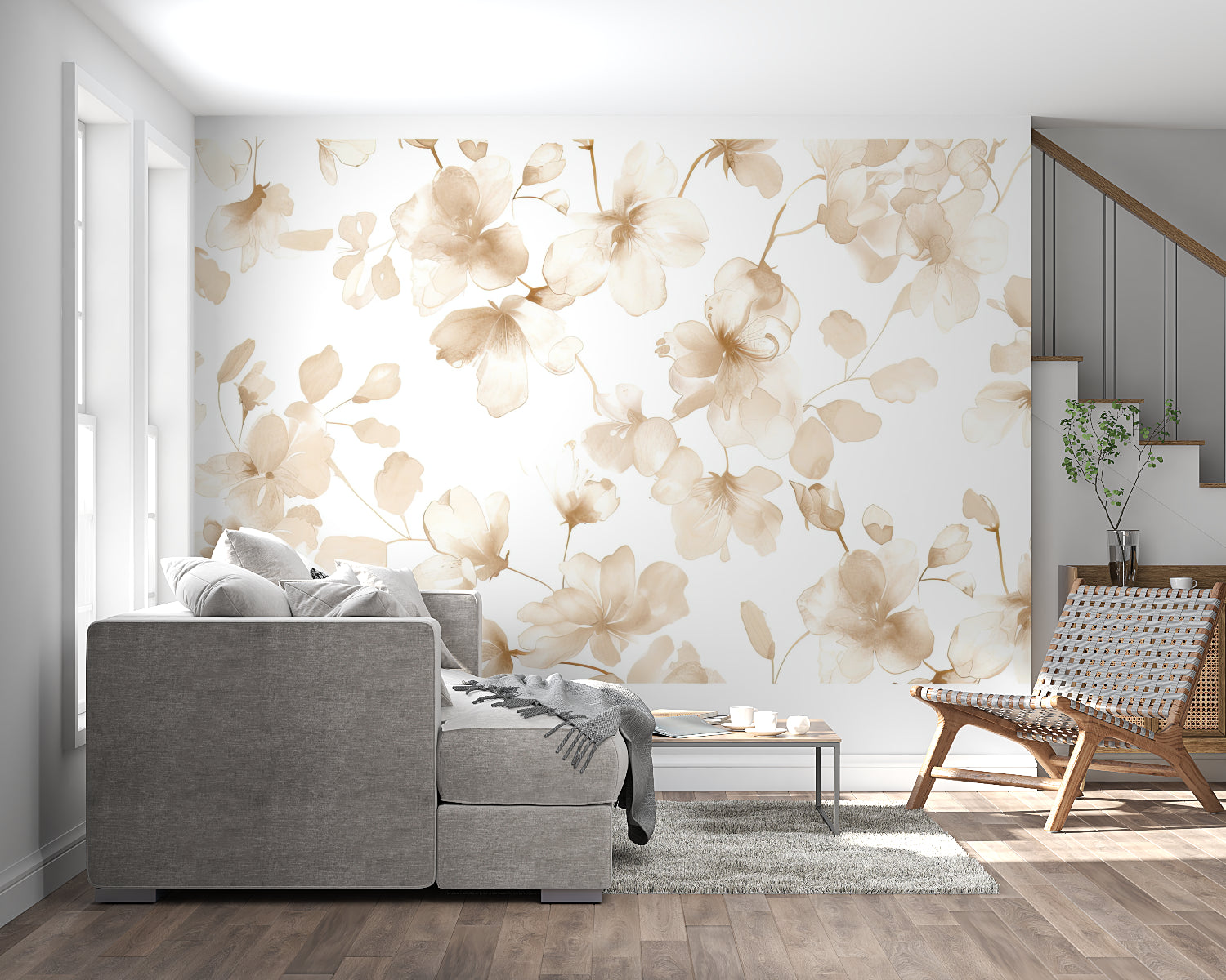Watercolor flower mural adding elegance to a master bedroom wall