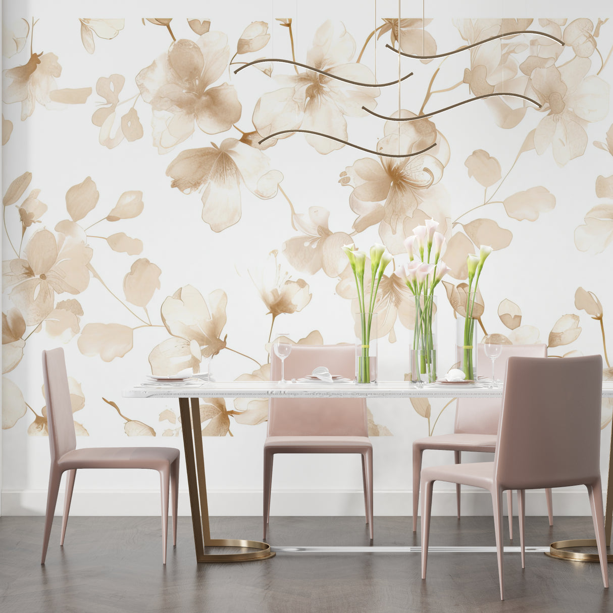 Beige floral wall mural brightening a contemporary dining space