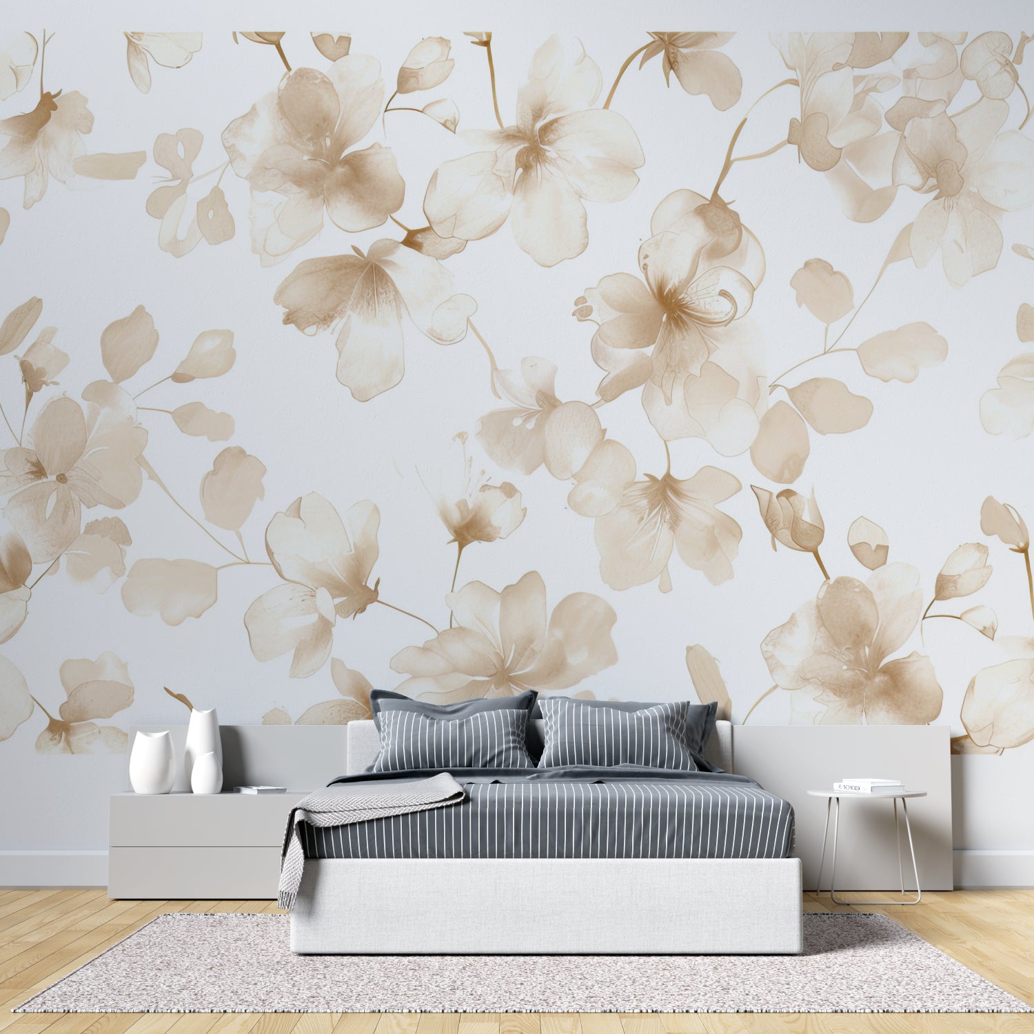Neutral floral wallpaper enhancing a minimalist home office