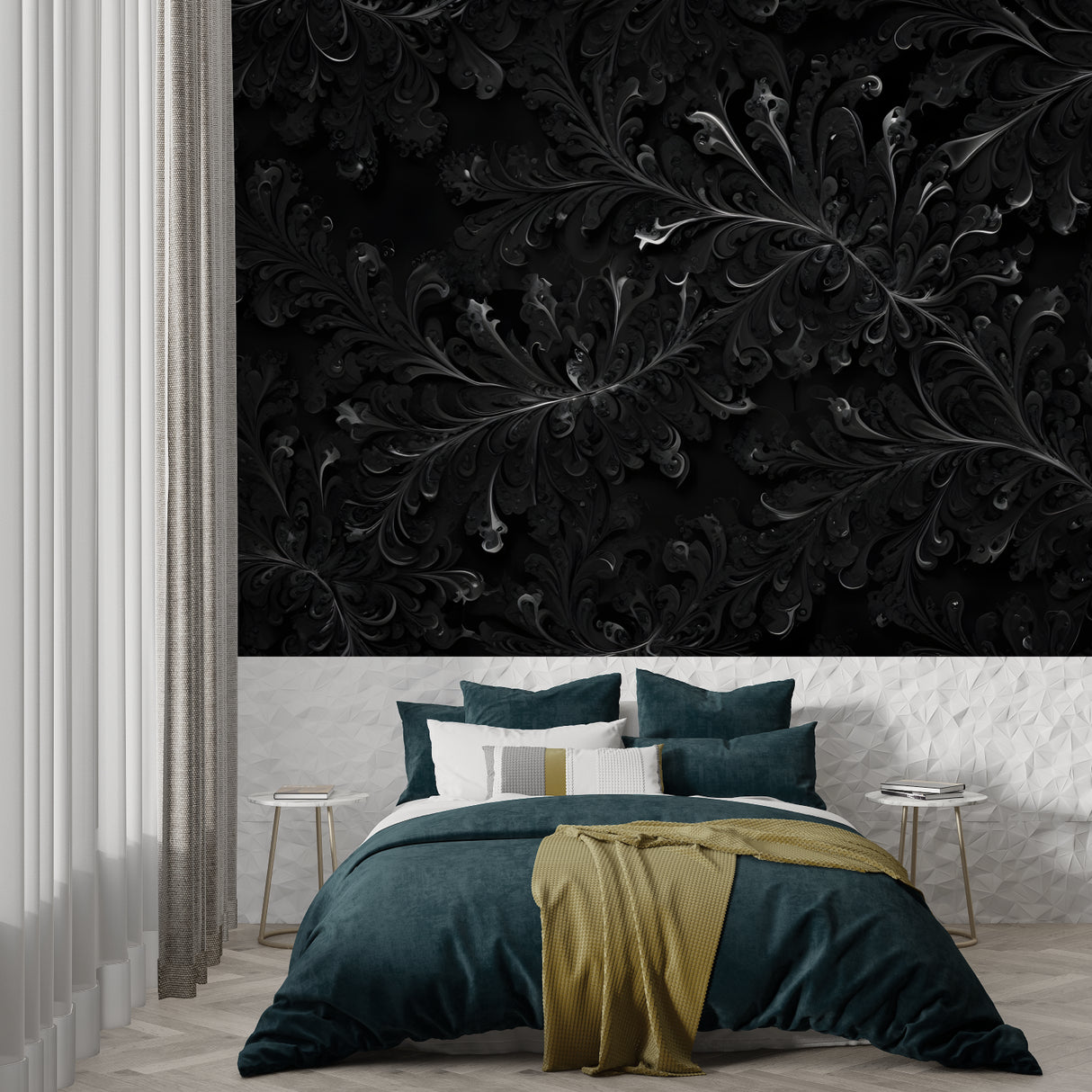 Black damask wallpaper in modern living room showing elegant floral pattern with silver details