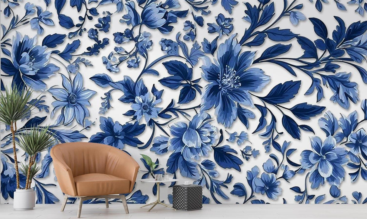 Navy blue flower wall mural adding sophistication to a master bedroom with natural light