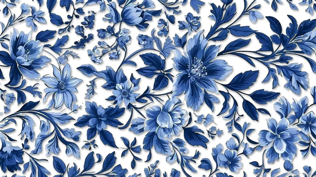Blue and white flower pattern design file showing intricate botanical details and rich depth