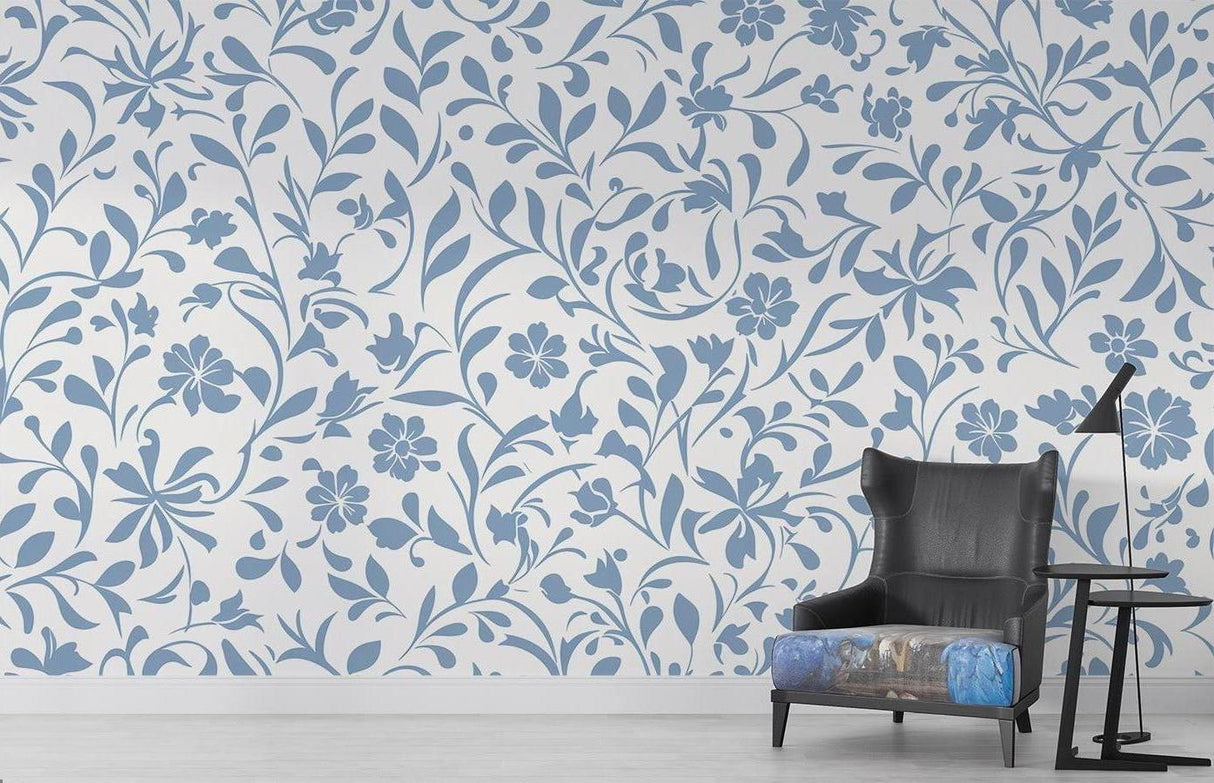 Elegant blue floral wallpaper pattern showcased in a cozy master bedroom interior