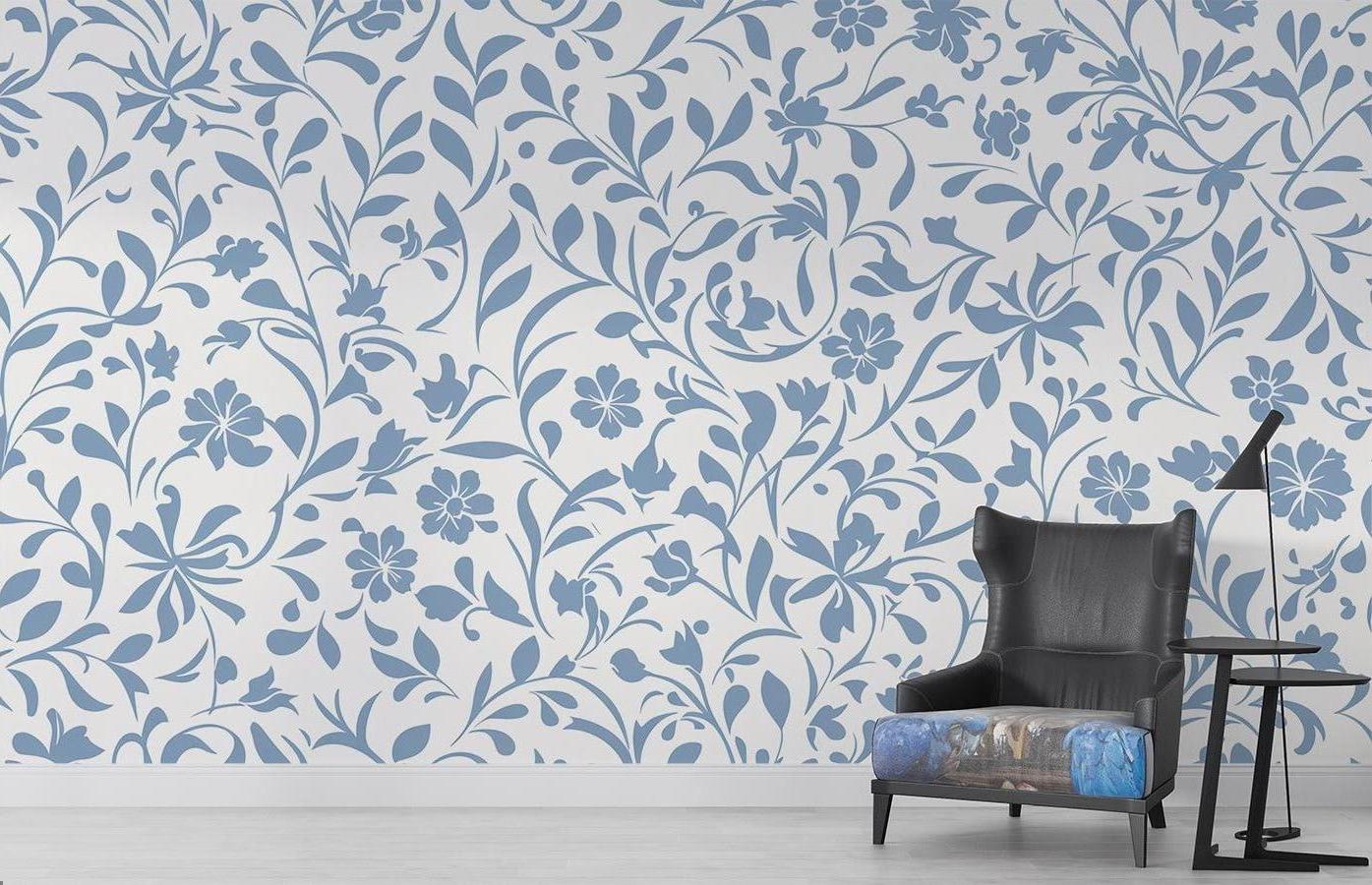 Elegant blue floral wallpaper pattern showcased in a cozy master bedroom interior