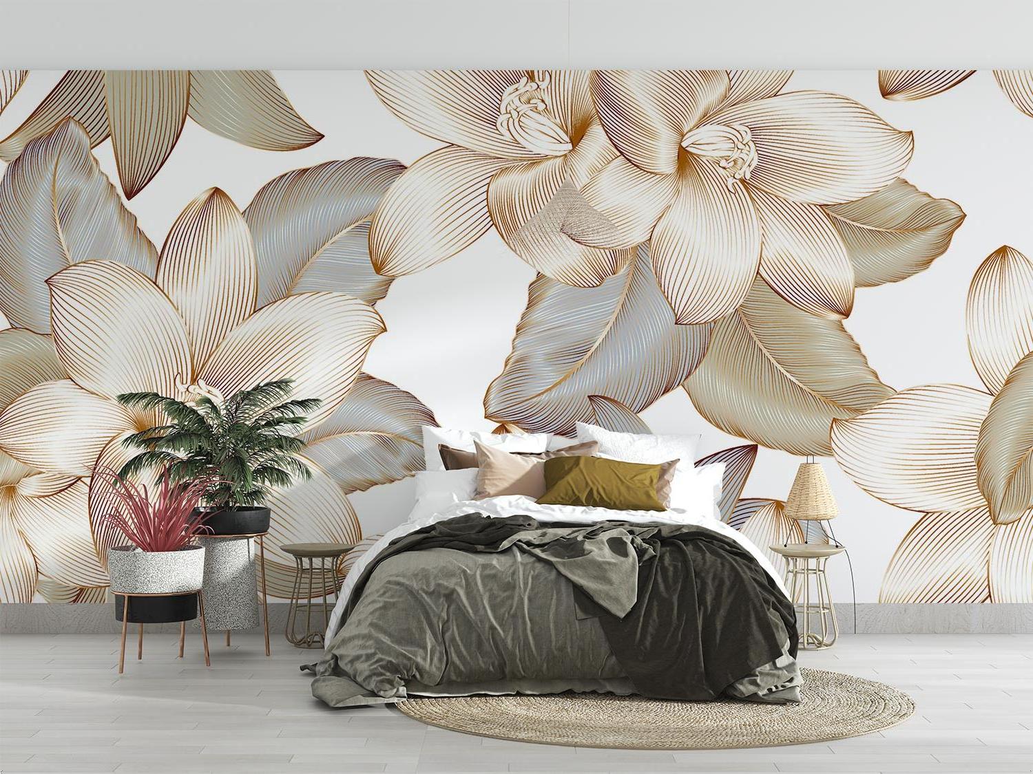 Modern gold botanical wallpaper in white home office bringing subtle sophistication