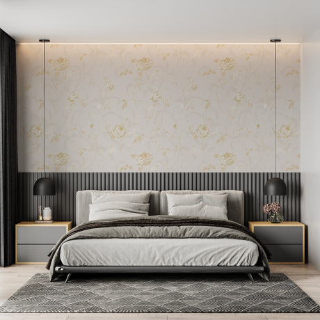 Gold Rose Mural Wallpaper creating a luxurious atmosphere in a modern living room with natural light