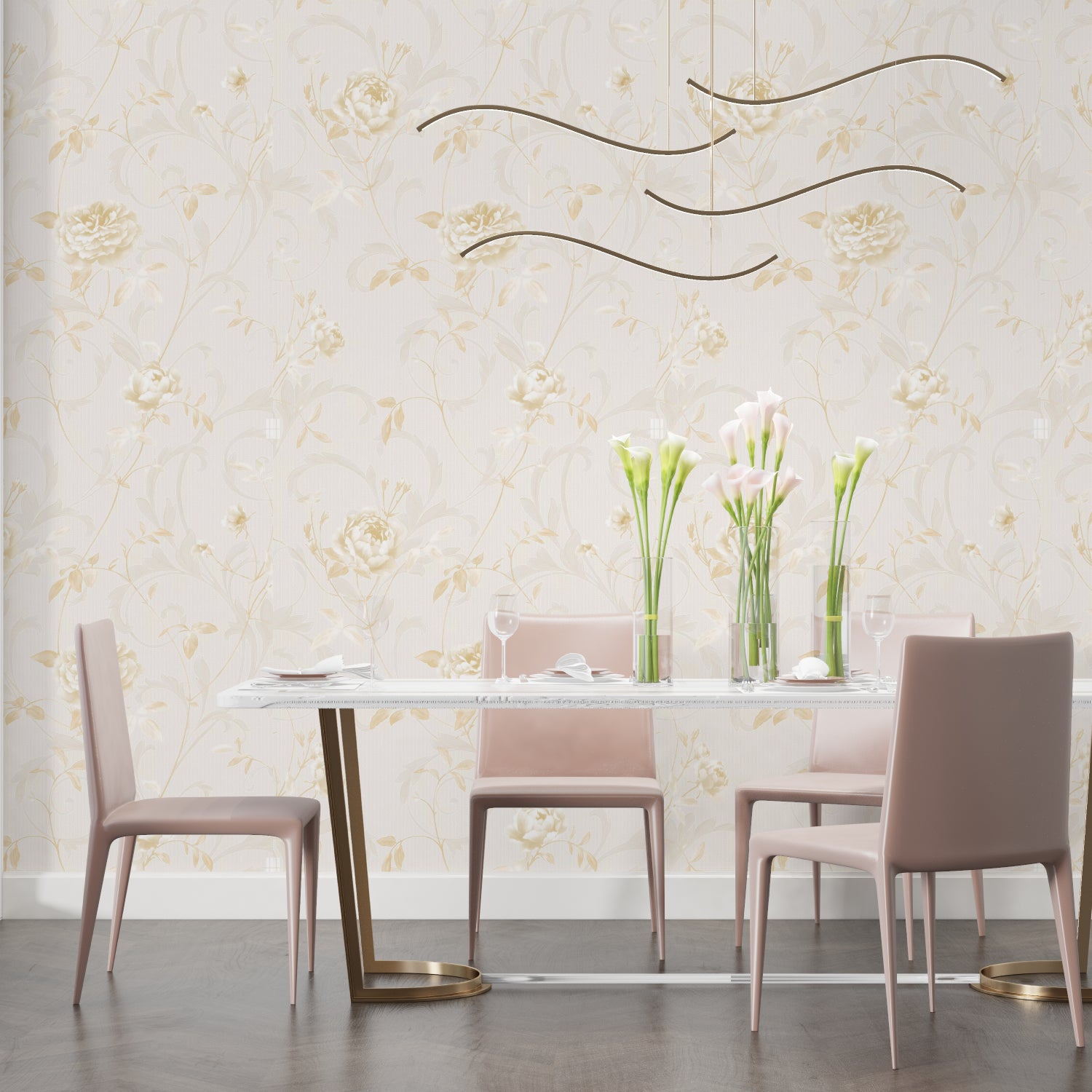 Elegant Gold Rose Wallpaper in a master bedroom setting with soft lighting