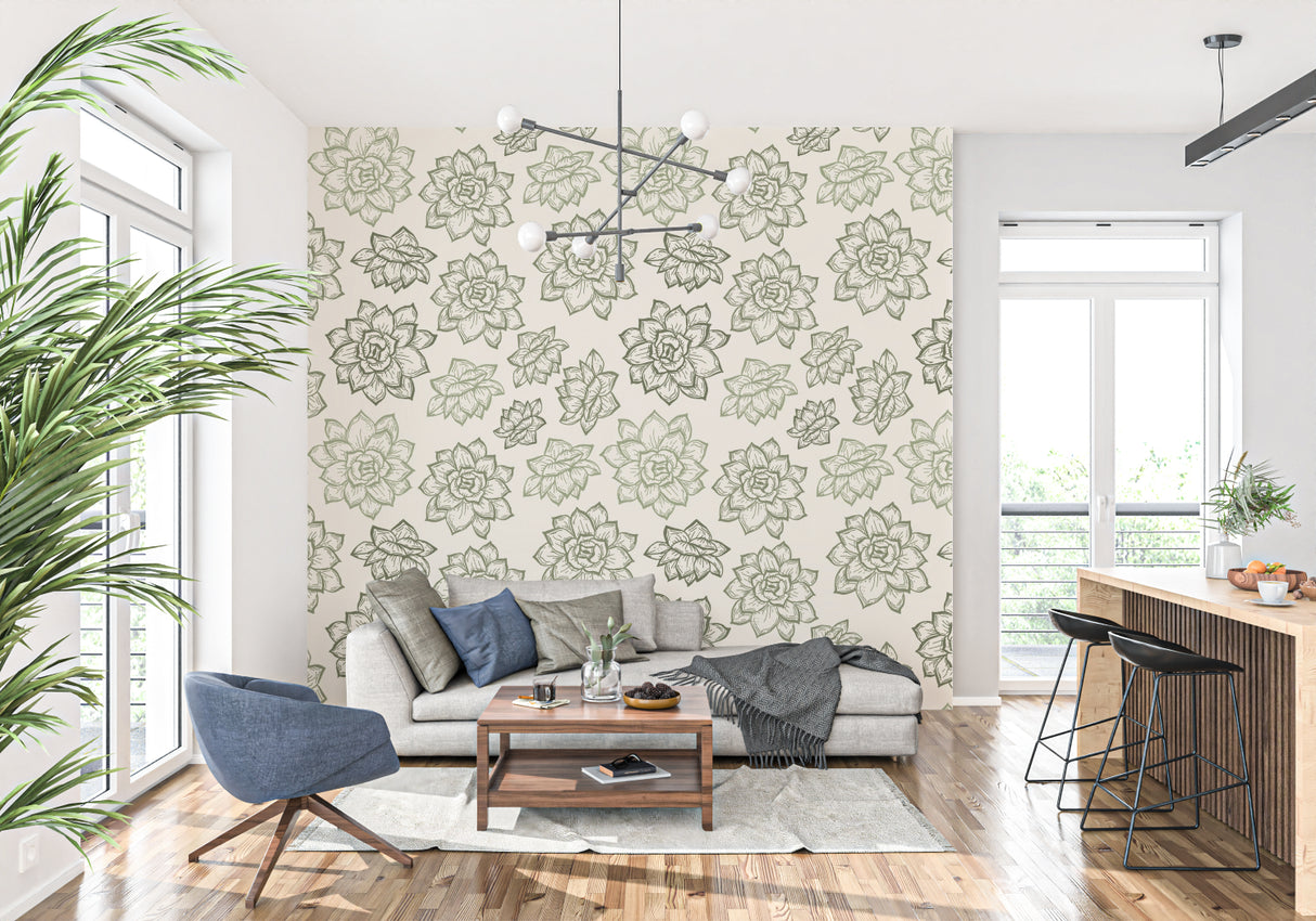 Succulent wallpaper mural in modern living room creating a fresh botanical accent wall