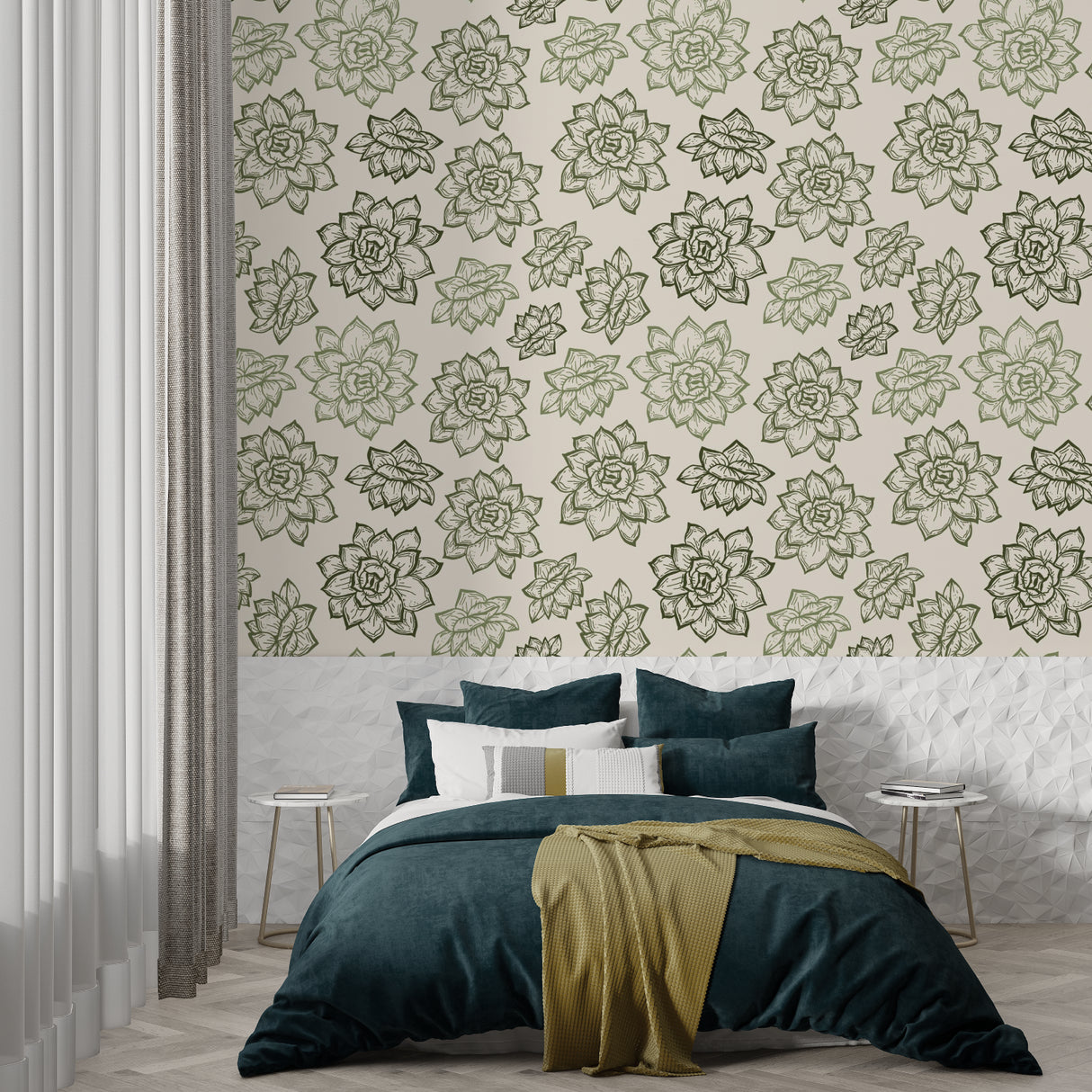 Green succulent wall mural bringing nature into a bright bedroom space