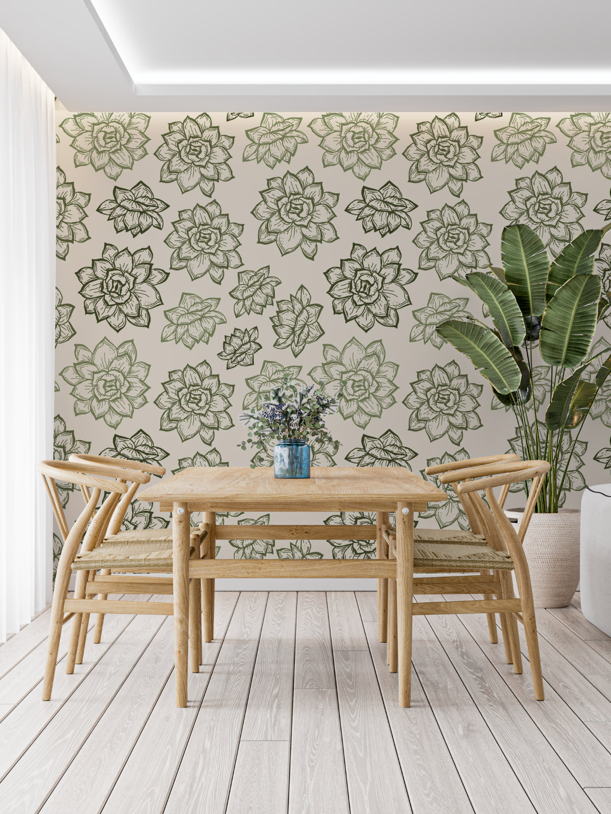Botanical succulent pattern wallpaper in a peaceful home office setting