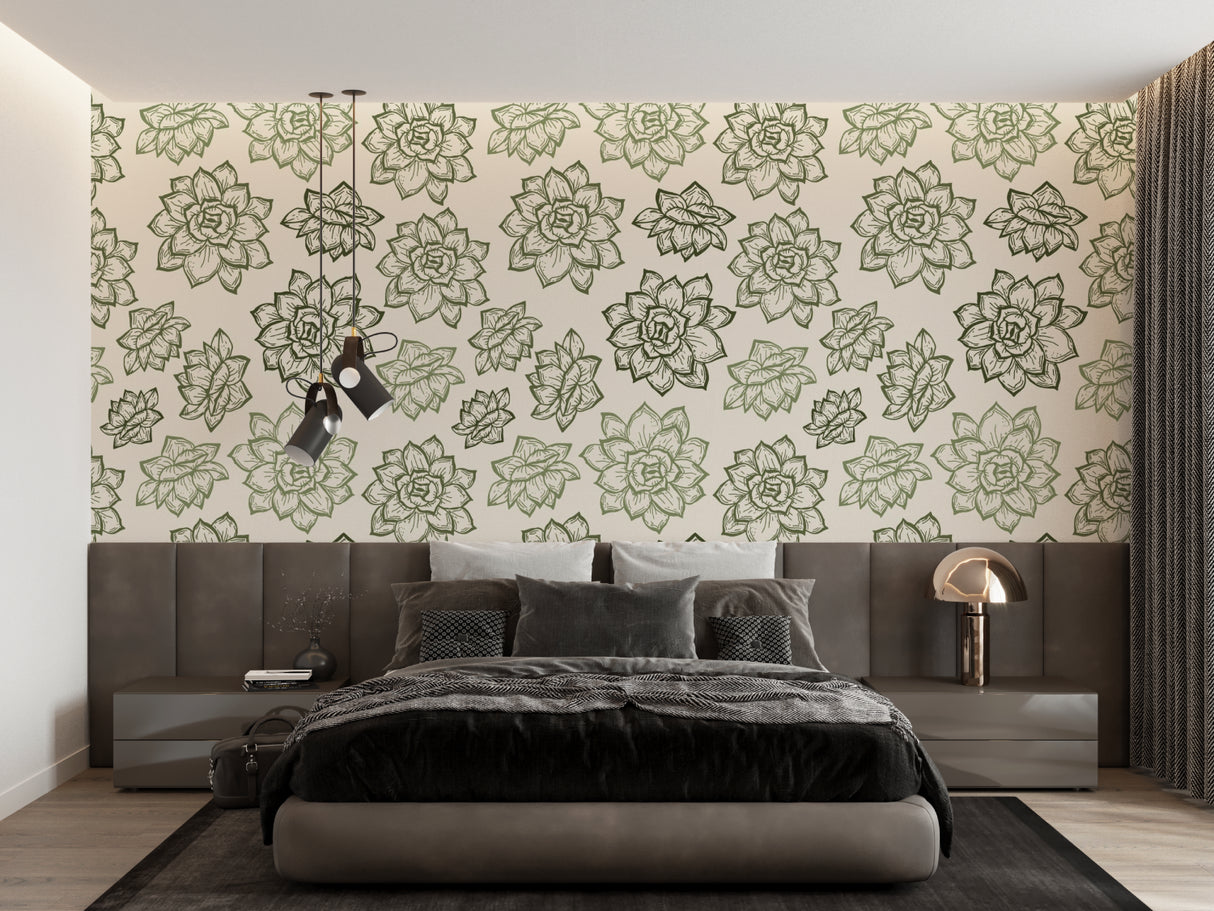 Elegant green succulent mural wallpaper transforming a dining room