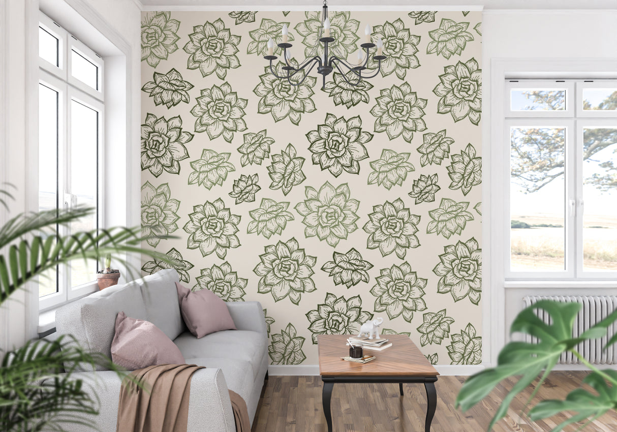 Floral succulent wallpaper adding natural charm to an entrance hallway