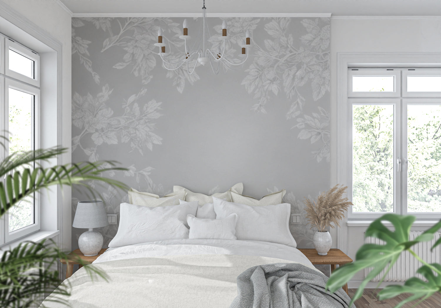 Grey floral wallpaper adding sophistication to a home office setup