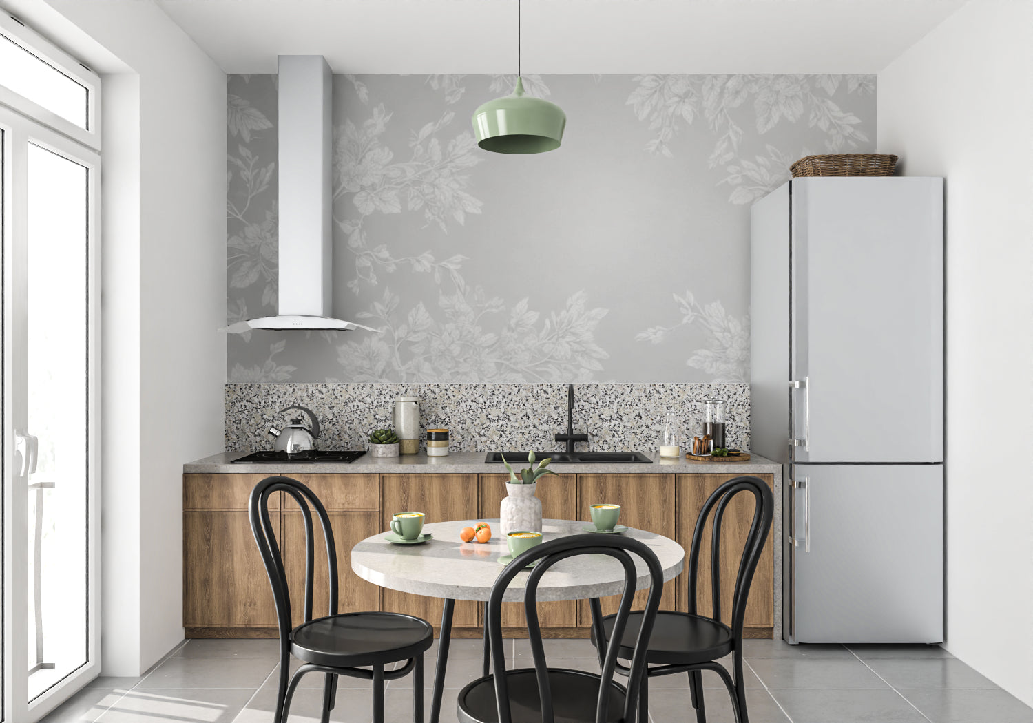 Leaf pattern wallpaper bringing natural elements to an entrance hallway