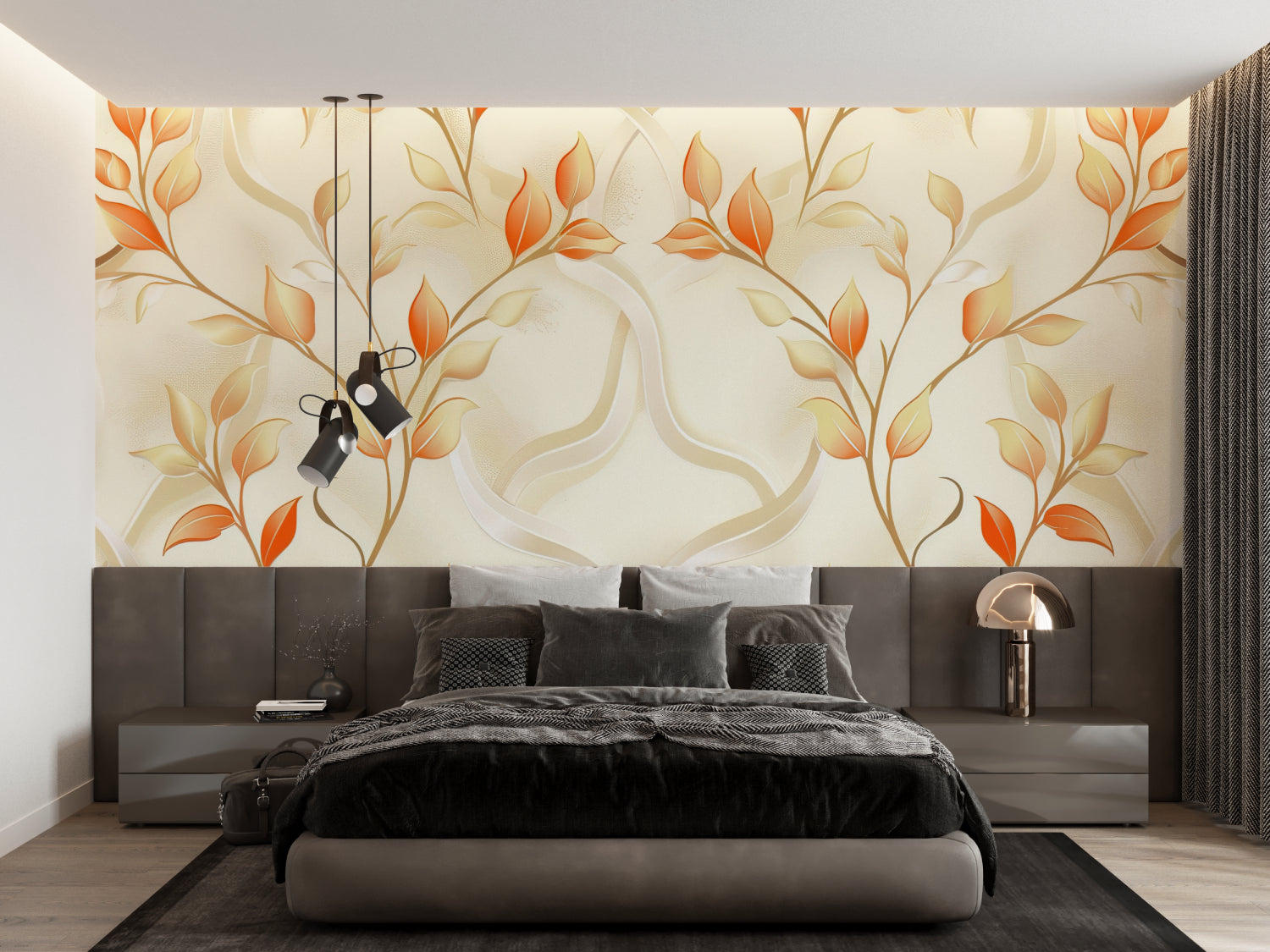 Bedroom showcasing elegant floral wallpaper with orange leaves on beige background