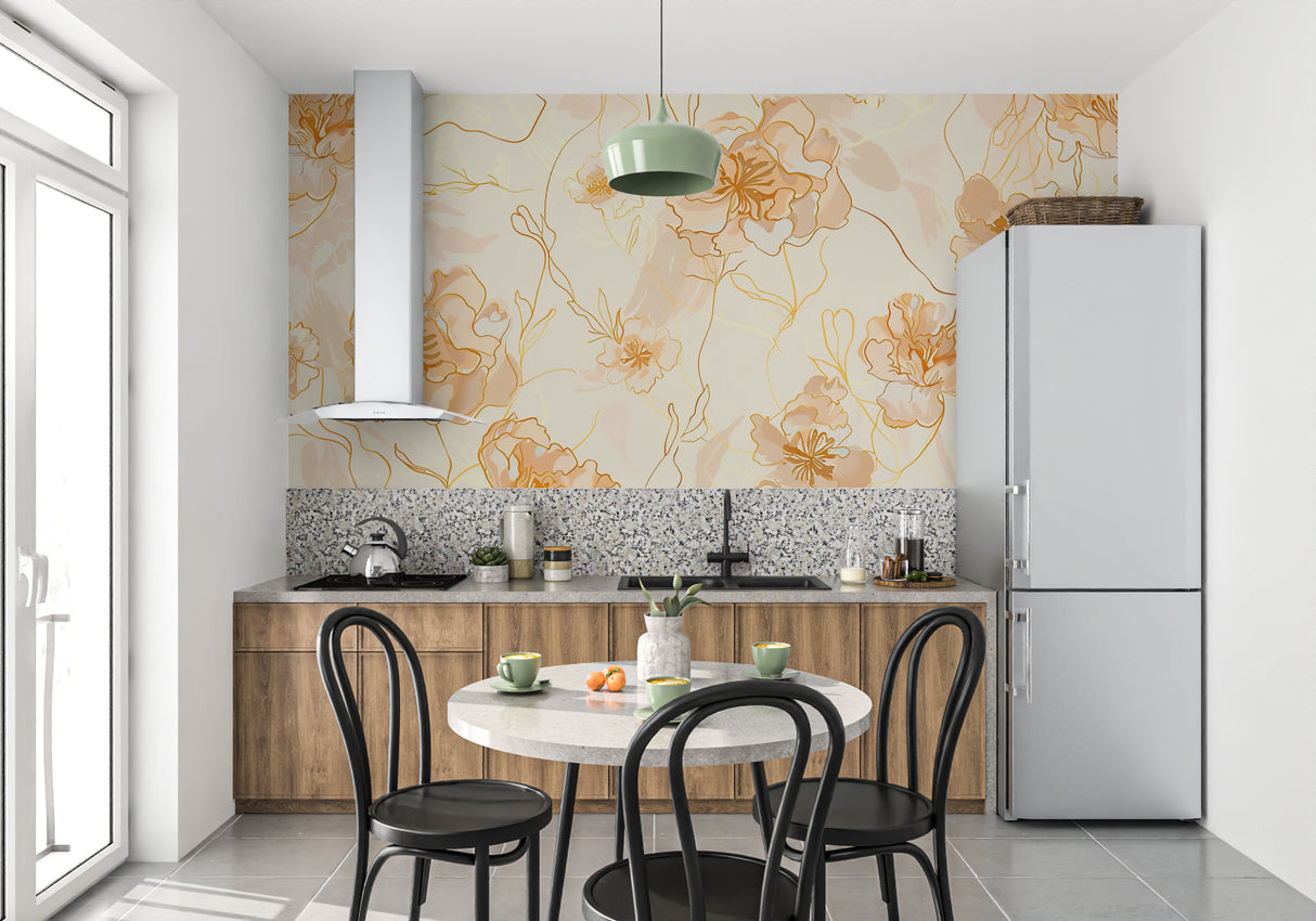 Orange line art floral wallpaper in modern living room creating a peaceful atmosphere