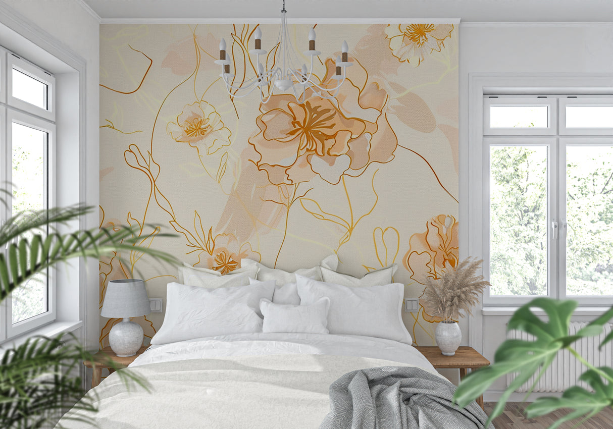 Botanical line art mural in bedroom with soft orange tones and natural light