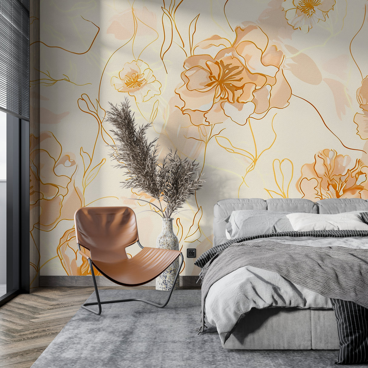 Orange floral line art wallpaper in dining room with minimalist decor