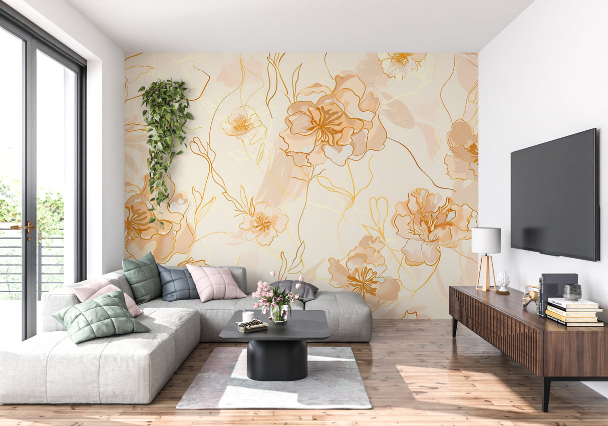 Delicate orange botanical wallpaper in home office setting with warm lighting
