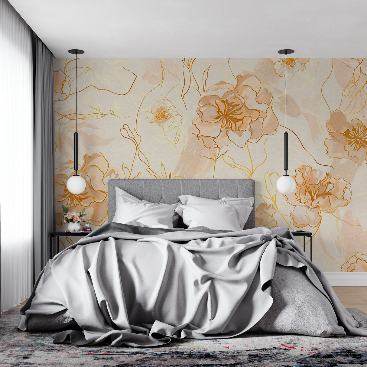 Line art floral mural in entryway showing pattern scale and flow