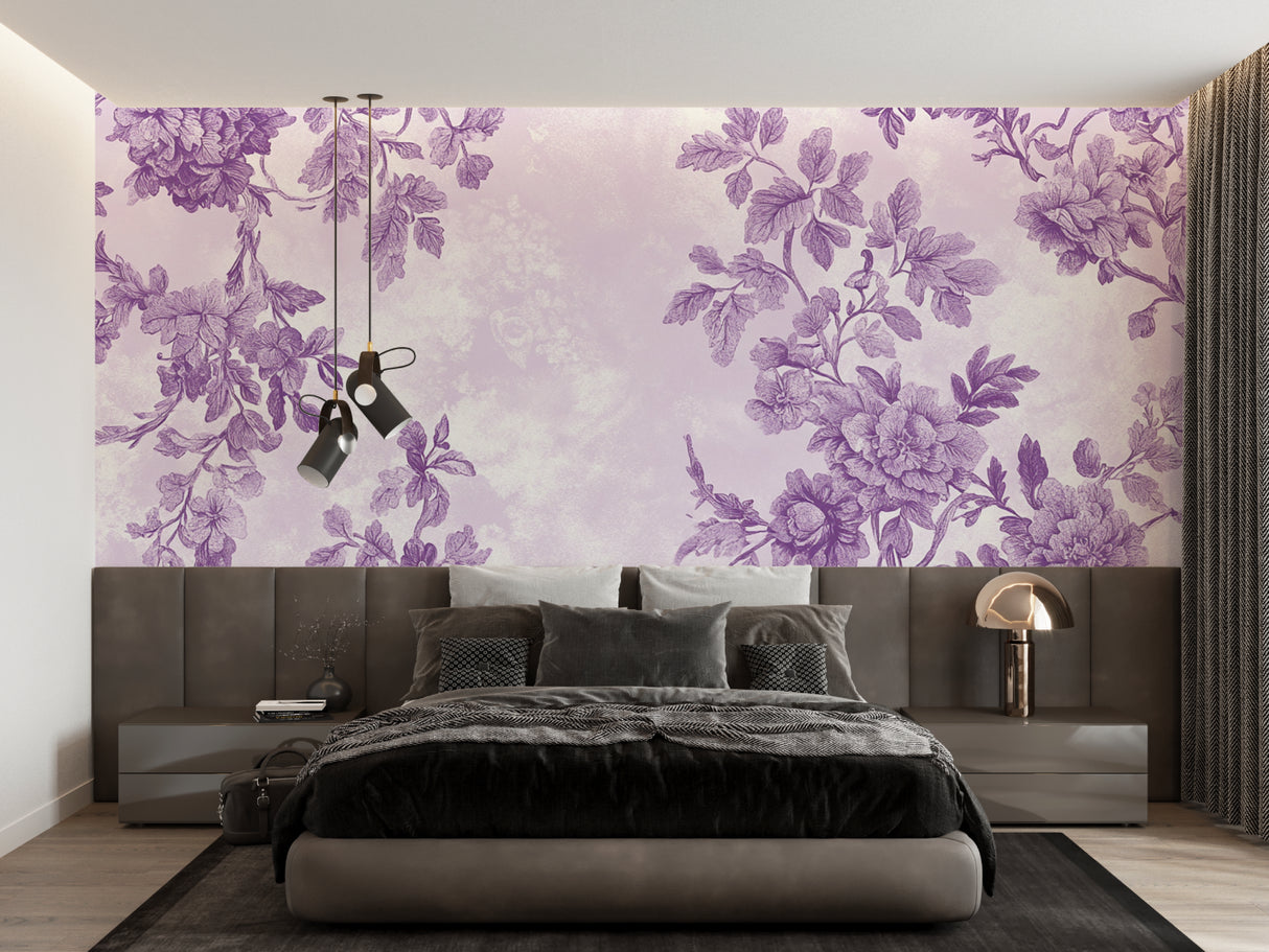 Purple floral wallpaper in bright modern living room, showing botanical pattern creating depth