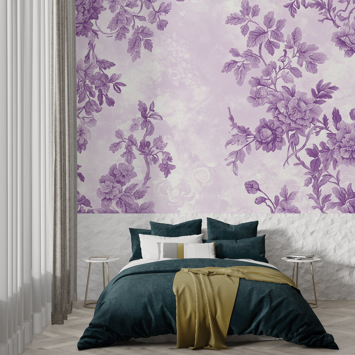 Elegant purple botanical wallpaper in master bedroom setting with natural light