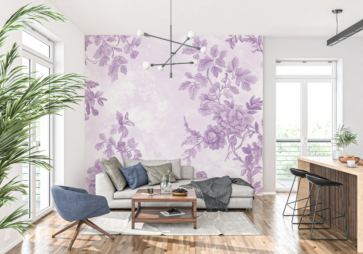Botanical wall mural in dining room showing purple floral pattern detail