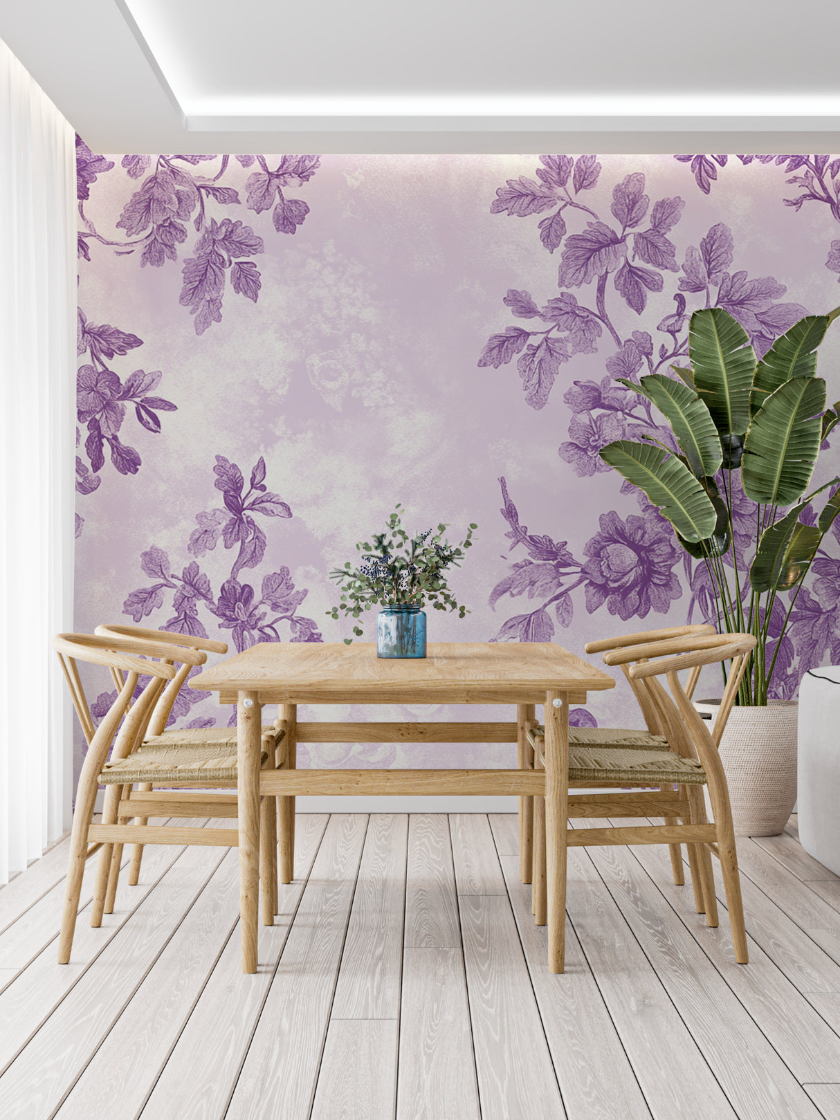 Purple floral wallpaper in home office with contemporary furniture