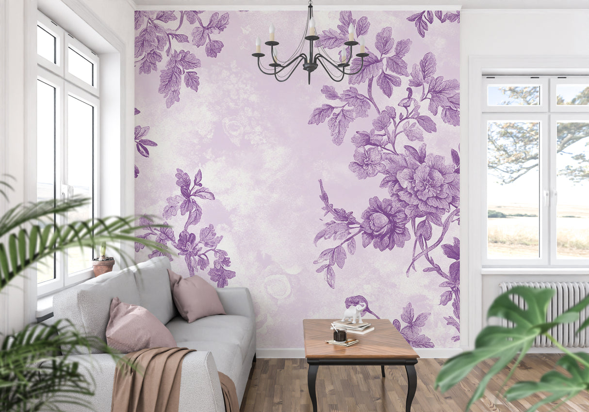 Vintage-style purple botanical wallpaper in hallway setting