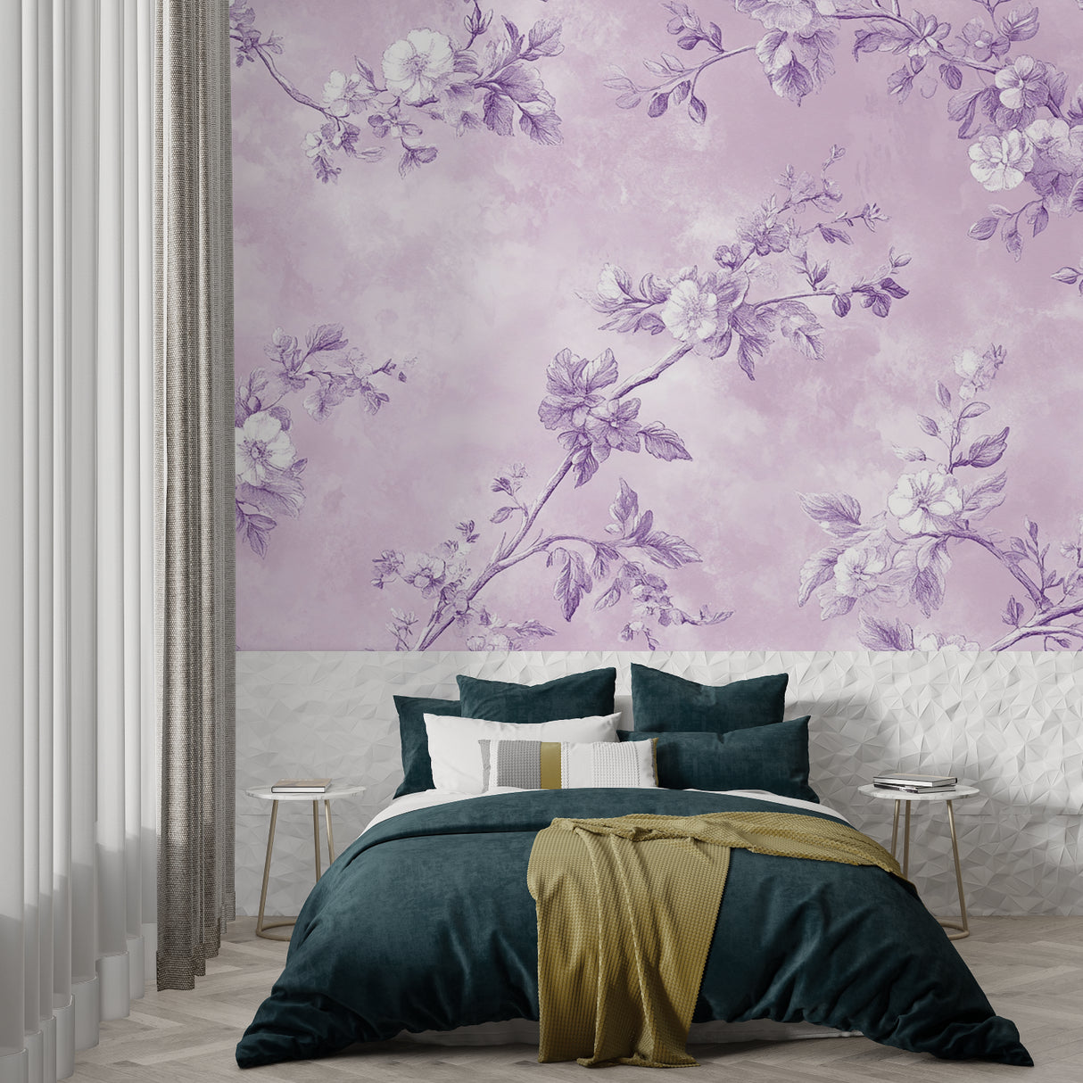 Purple floral wallpaper creating a peaceful sanctuary in a modern bedroom with natural light