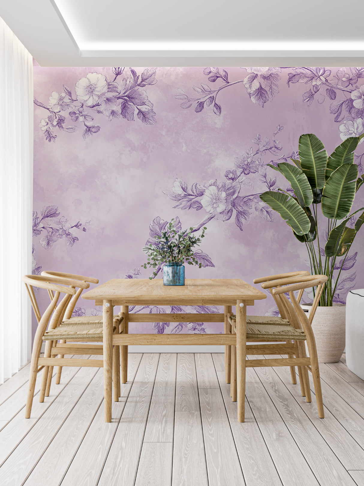 Elegant lilac wall mural brightening a cozy reading nook with plush furniture