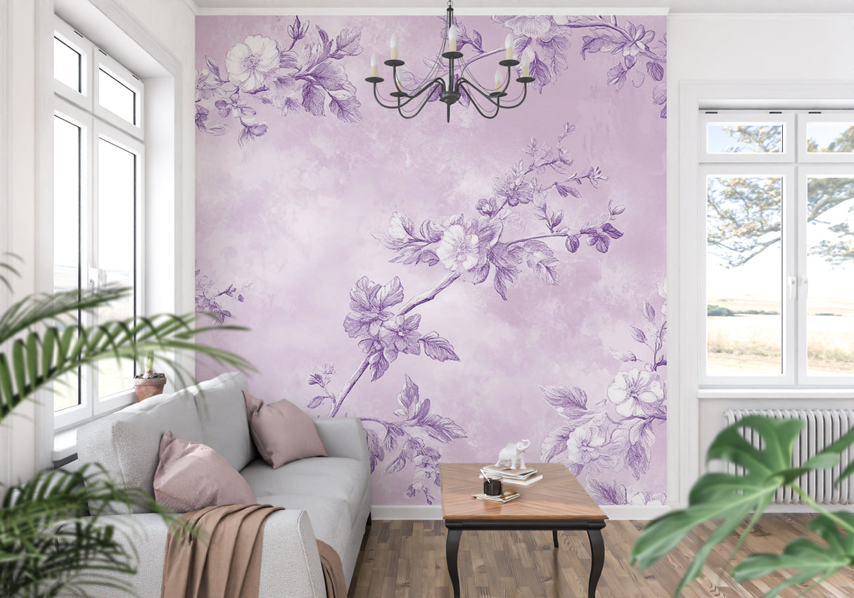 Floral purple wallpaper making a statement in a sophisticated dining room
