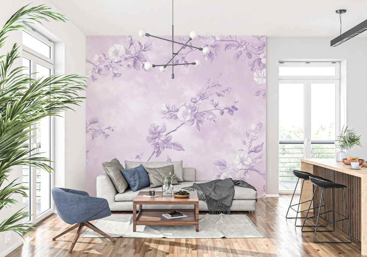 Purple botanical wallpaper transforming a home office into a garden retreat