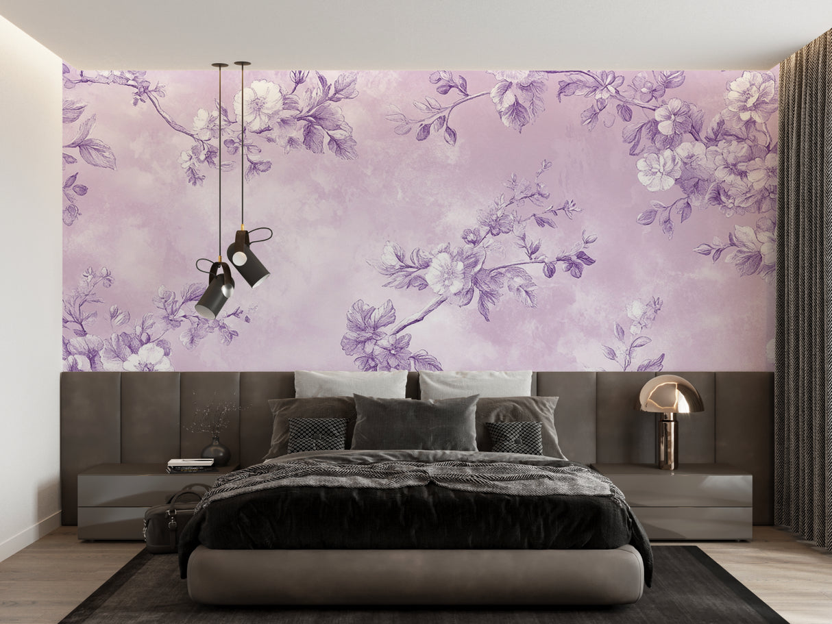 Lilac floral mural adding charm to an elegant master bathroom