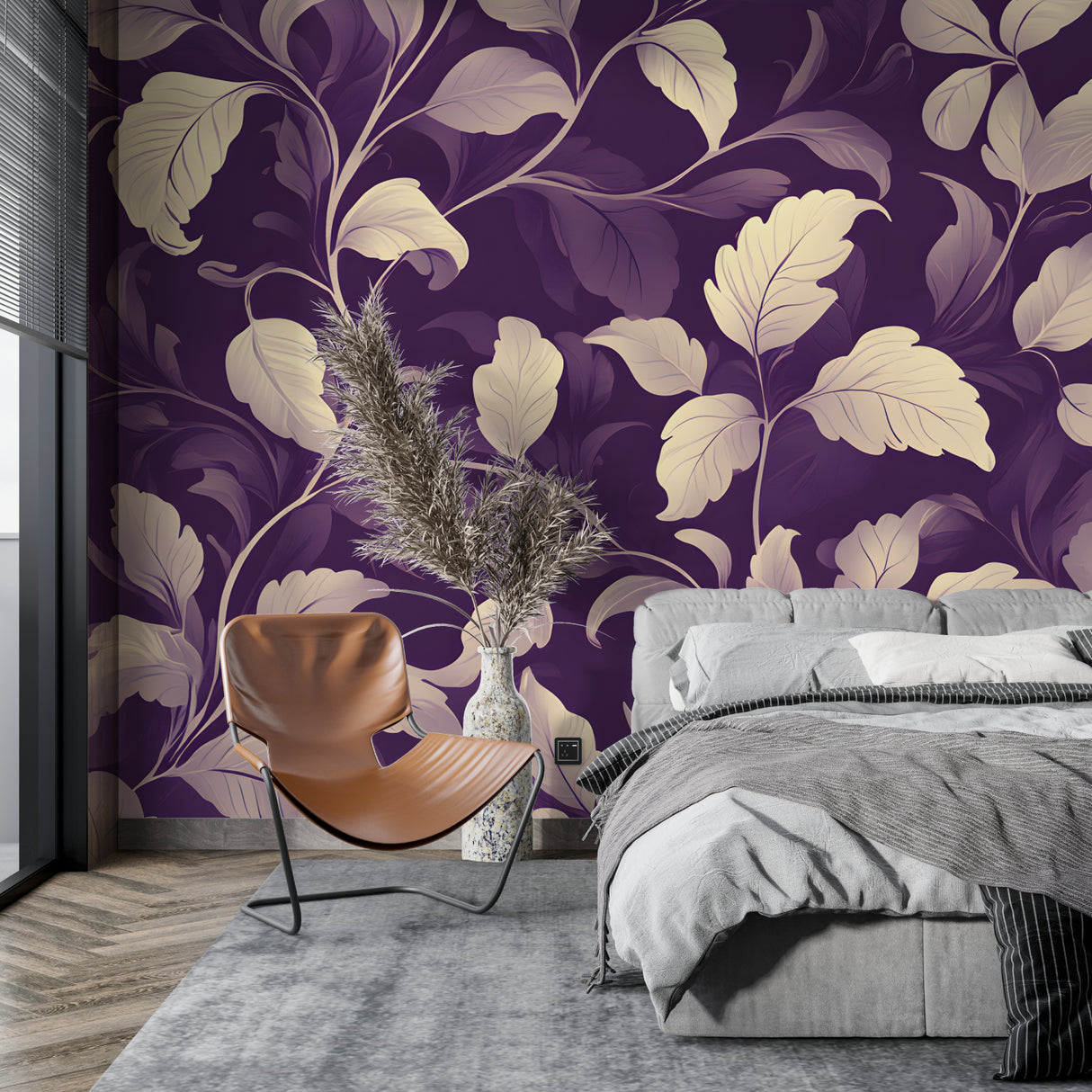 Purple floral wallpaper with cream leaves in modern living room showing scale and elegant appeal
