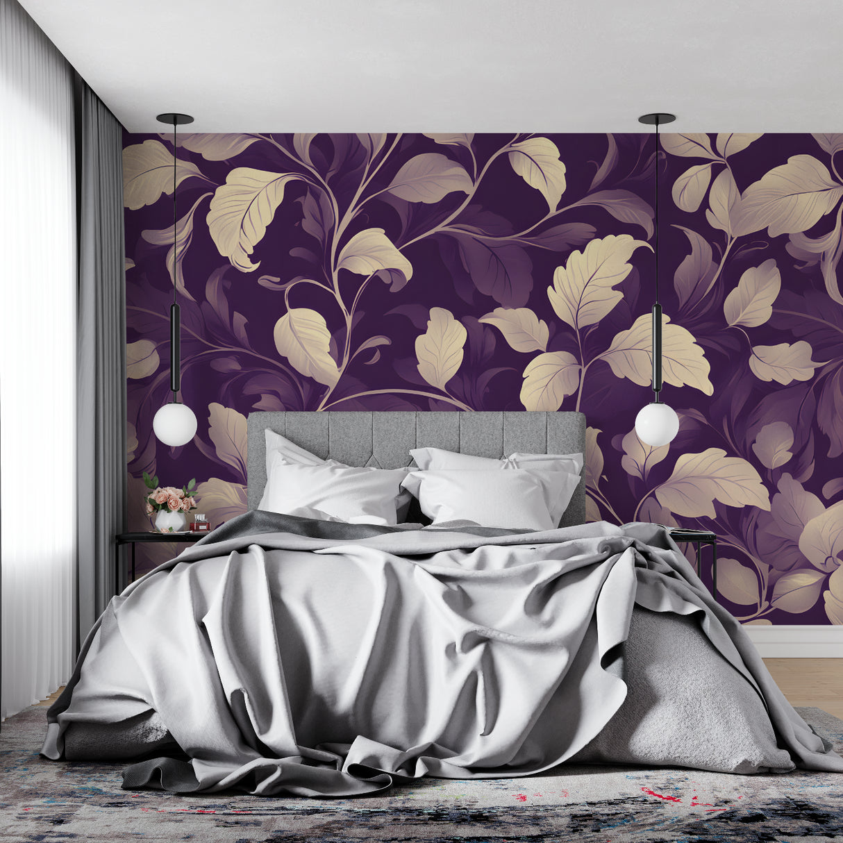 Botanical purple wall mural in master bedroom creating serene atmosphere