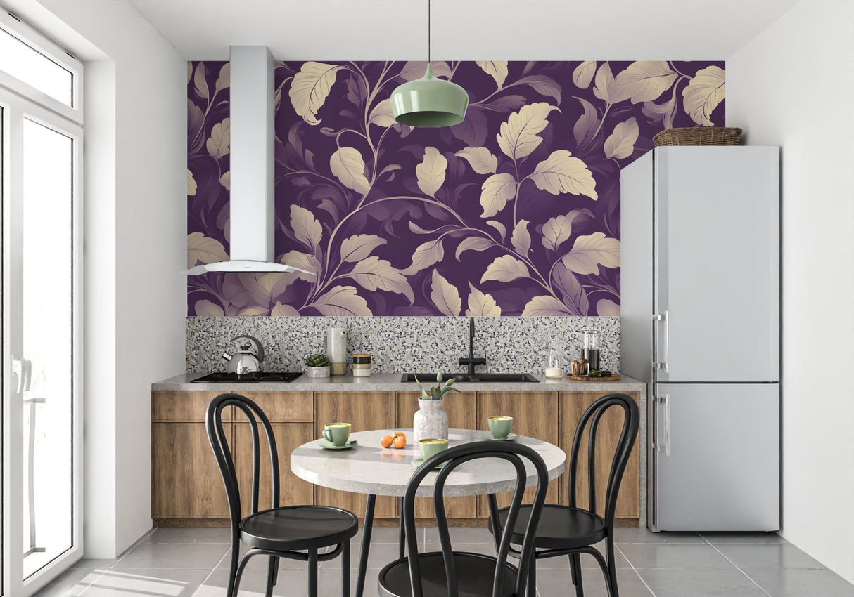 Cream leaf pattern on purple background in home office setting