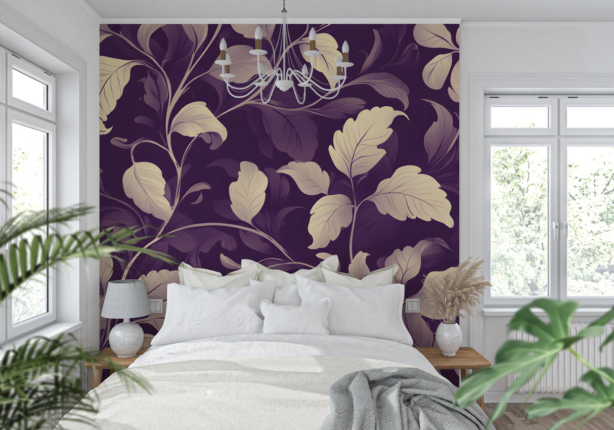 Purple and cream floral wallpaper in dining room showing pattern flow