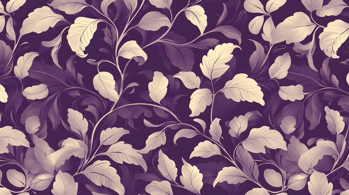 Design file showing full purple floral pattern with cream leaves detail