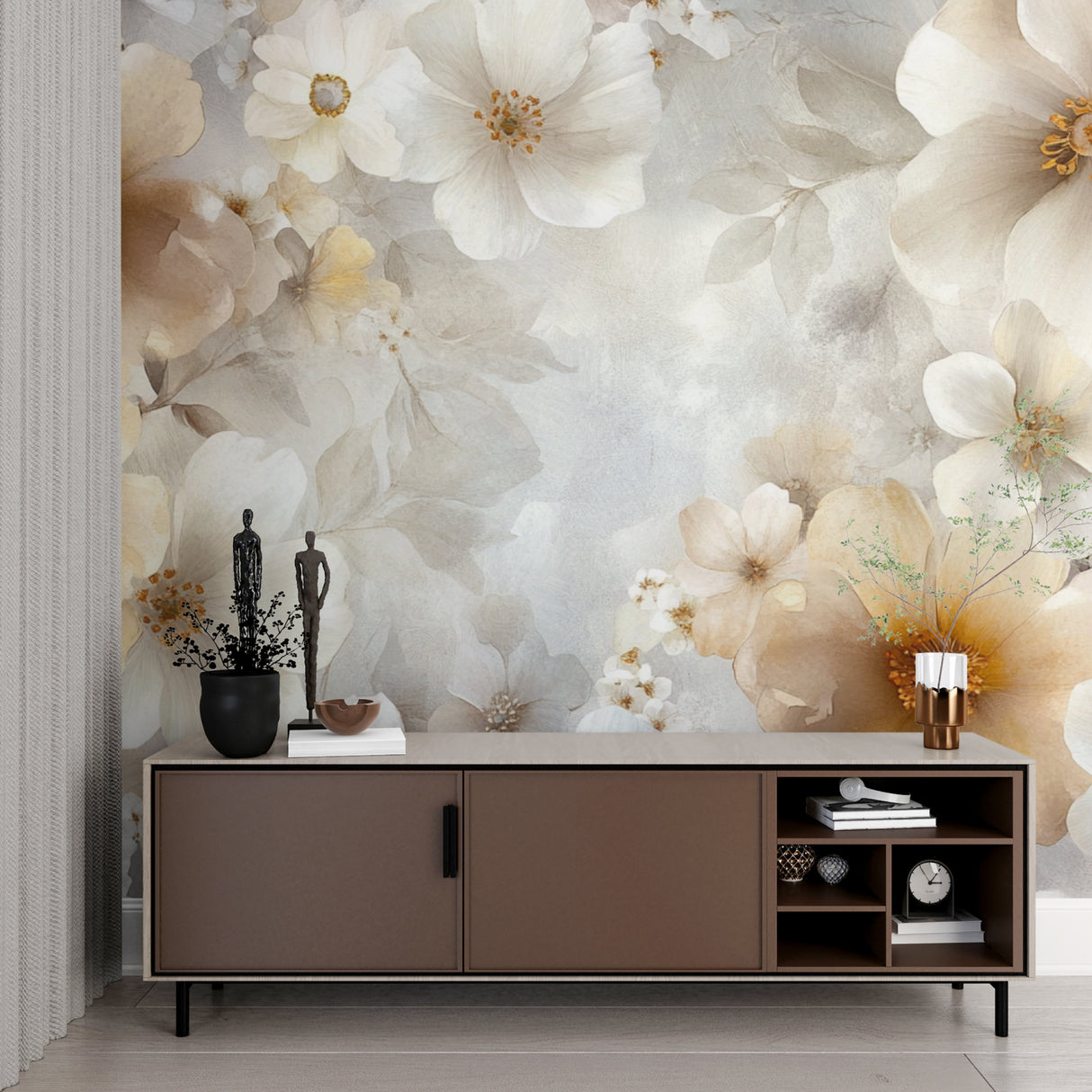 Watercolor floral wallpaper in a bright master bedroom, creating a peaceful sanctuary with soft beige blooms