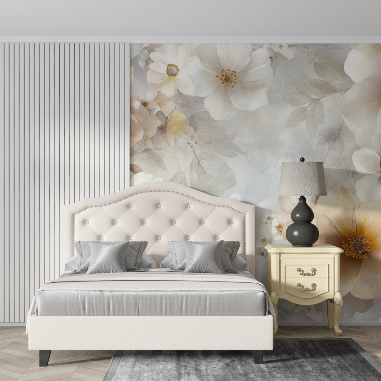 Elegant floral mural bringing natural beauty to a modern living room with beige watercolor flowers
