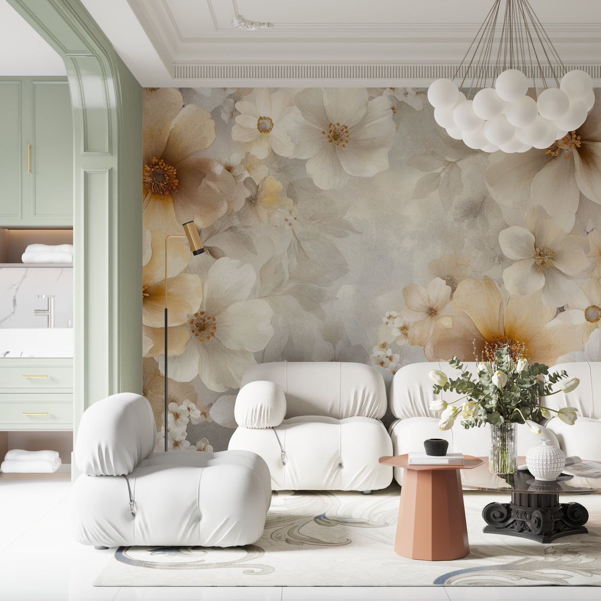Sophisticated floral wallpaper adorning a dining room wall, soft beige blooms catch morning light