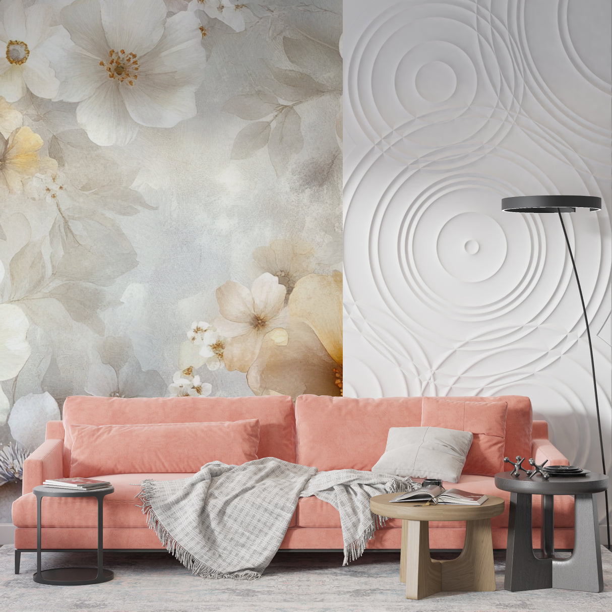 Watercolor bloom wallpaper creating a serene atmosphere in a home office space