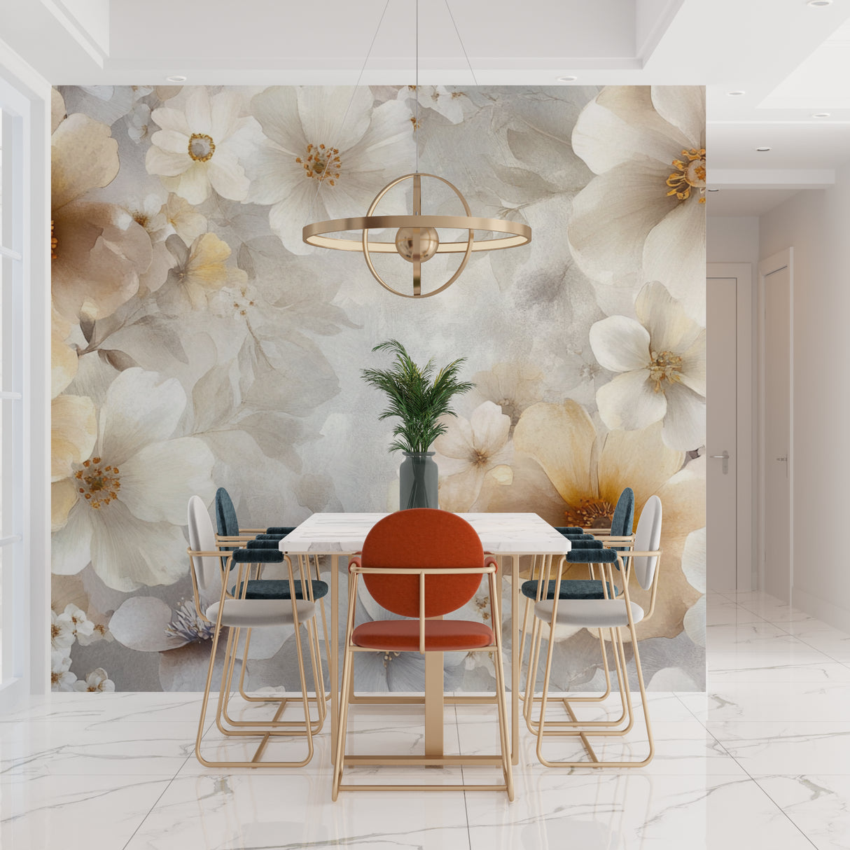 Neutral floral wallpaper bringing gentle movement to an elegant entrance hall