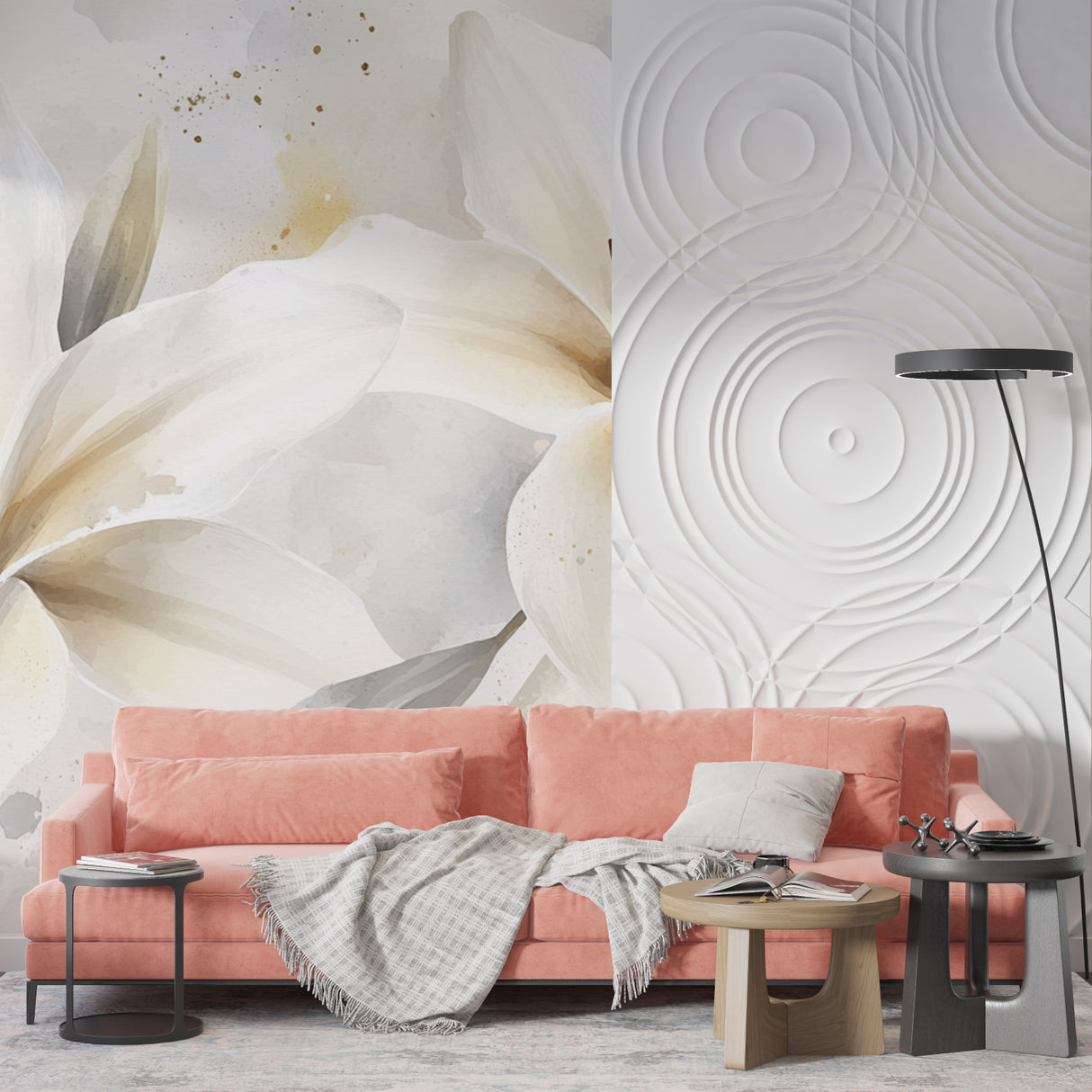 White lily watercolor mural wallpaper in modern living room with clean furniture and natural light