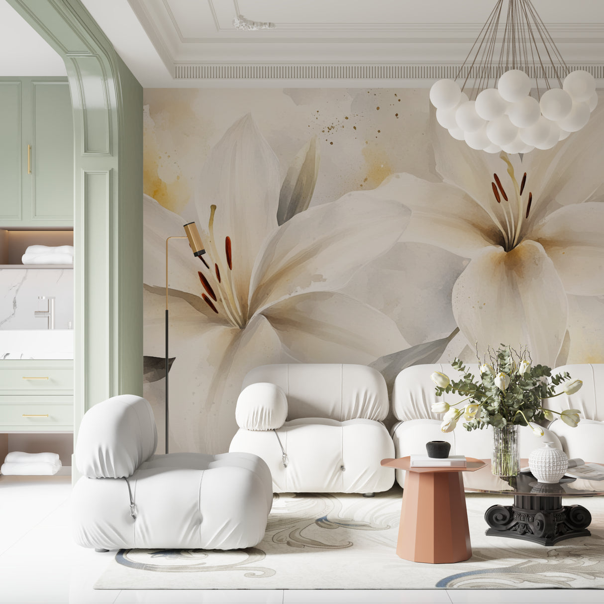 Elegant white lily wallpaper creating peaceful atmosphere in master bedroom