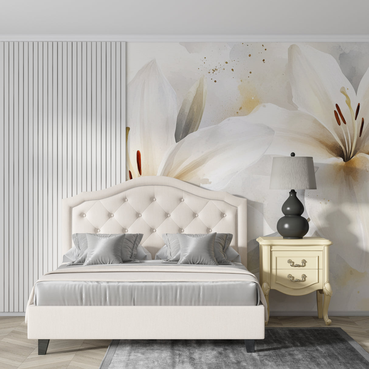 Watercolor lily wall mural bringing fresh feel to dining room space